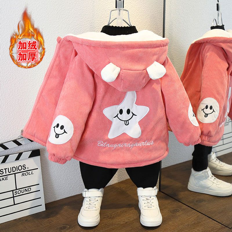 秋冬上新女童秋加绒外套2023新款洋气韩版宝宝棉衣帅气男童棉服