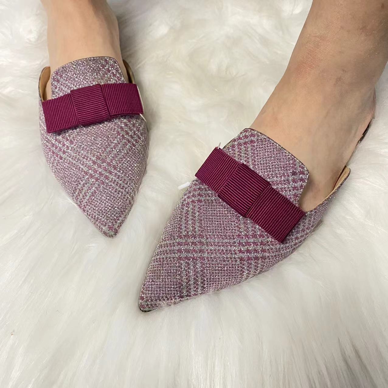 95新 JIMMY CHOO/吉米周 仔仔女鞋 紫色蝴蝶结尖头半拖37码 739