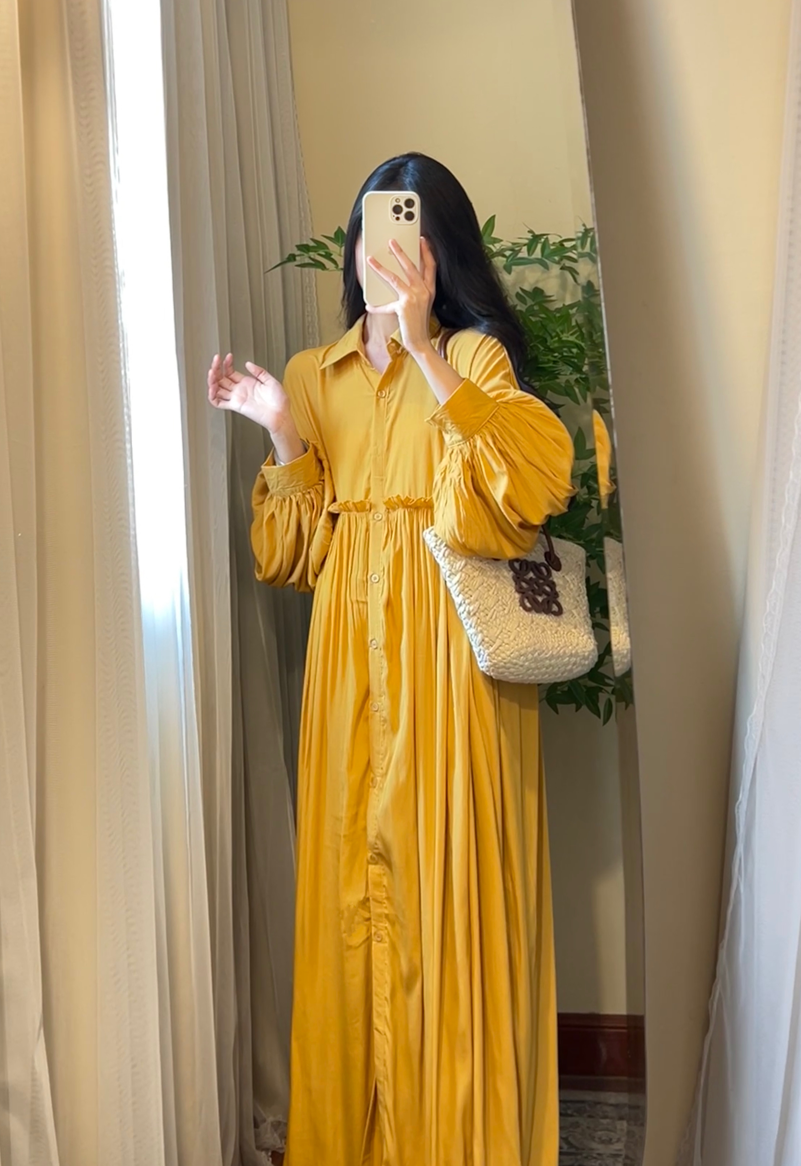 【ROUROU】黄玫瑰｜慵懒风百搭衬衫百搭纯色长袖连衣裙Ro-2423