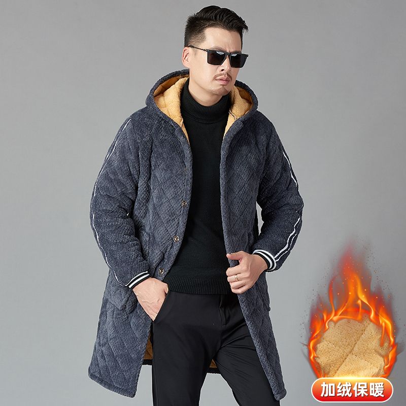 冬款加绒加厚长款棉衣男连帽棉服爸爸宽松大码棉外套中老年厚外套