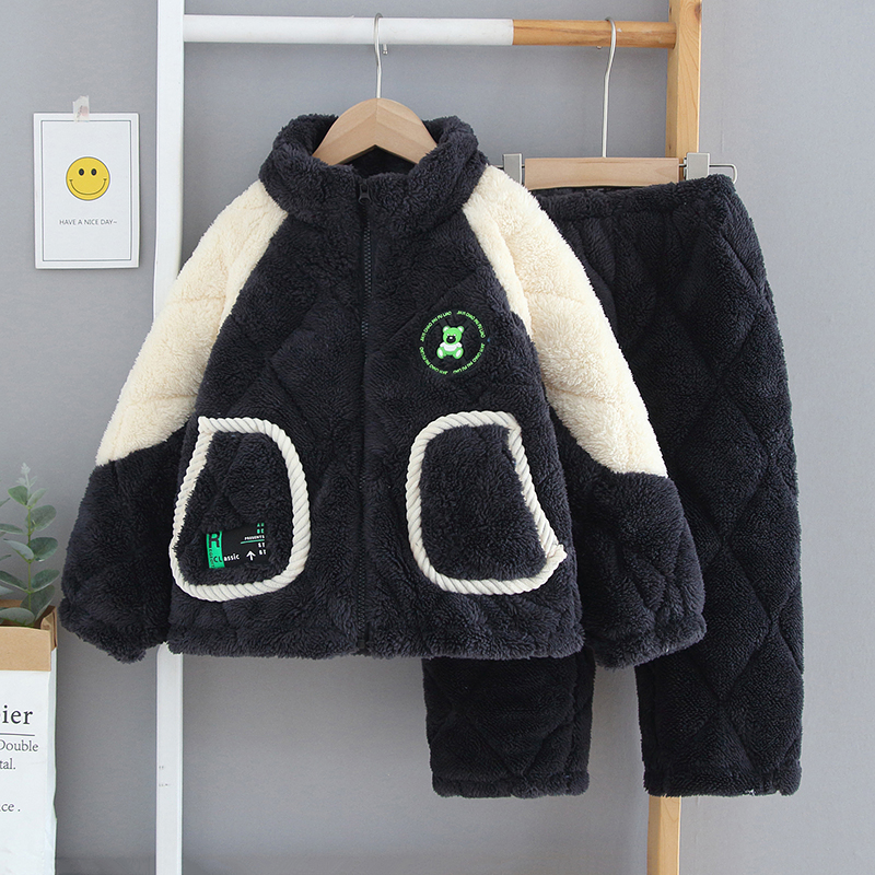 儿童睡衣男童冬中大童加厚款珊瑚绒夹棉男孩拉链法兰绒童装家居服