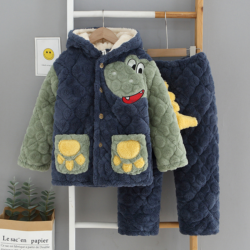 儿童三层加厚法兰绒睡衣冬季加绒加棉男童珊瑚绒家居服卡通恐龙