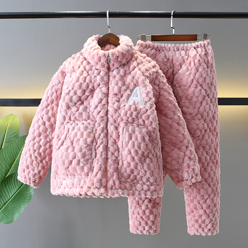 新冬季珊瑚绒睡衣金龟绒拼色拉链女士加绒三层加厚立领家居服套装