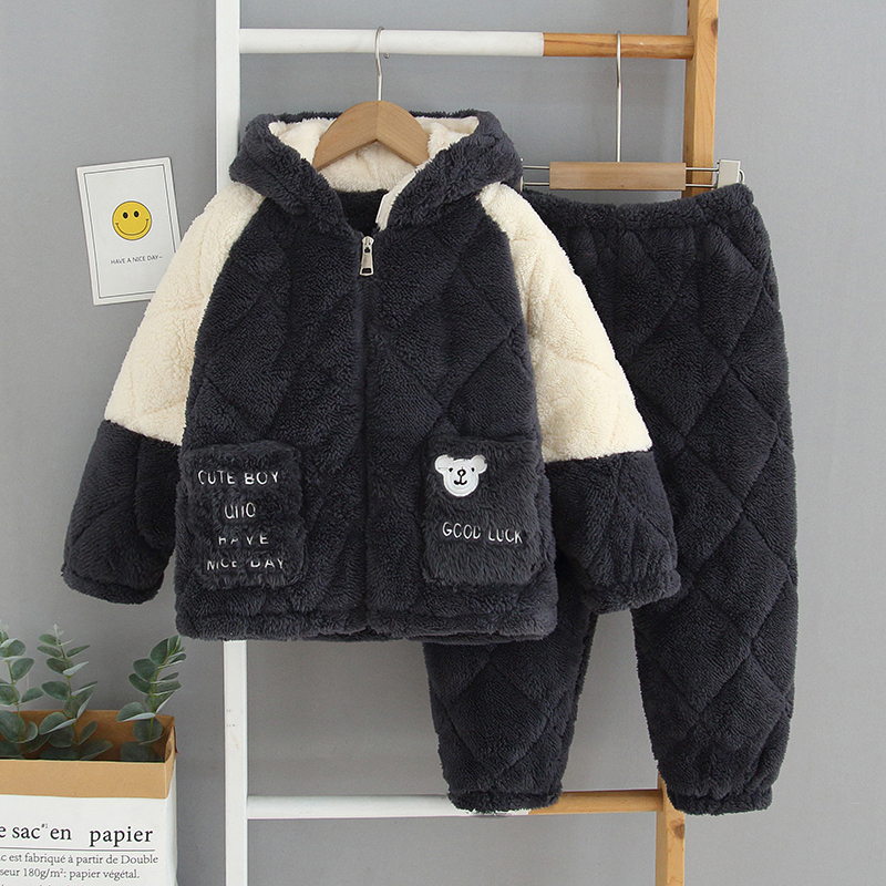 冬季儿童睡衣加绒加厚保暖中大童拉链法兰绒珊瑚绒宝宝连帽家居服