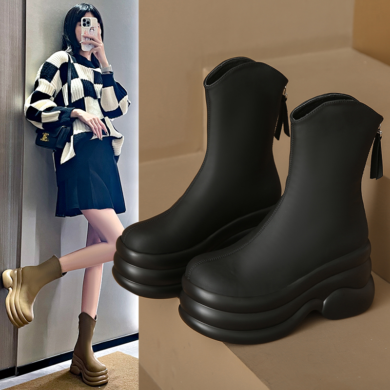 中筒靴女2023新款韩版百搭厚底中筒靴后拉链瘦瘦靴不过膝中筒靴子