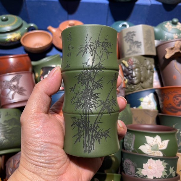 宜兴原矿紫砂绿泥手工大竹节主人杯刻绘竹子茶杯200毫升紫砂杯