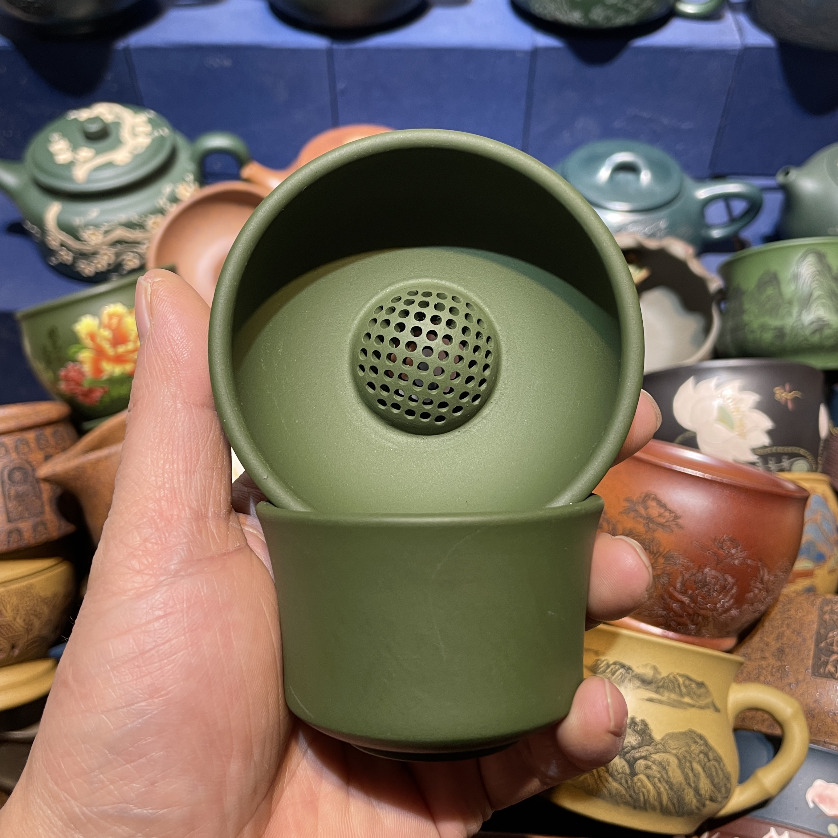 宜兴紫砂民国绿色绿泥创意全手工滤网精美茶道茶漏纯手工过滤漏网