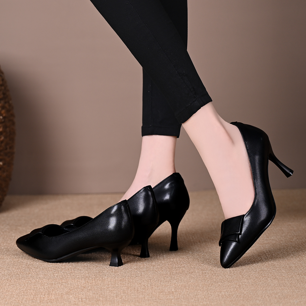 姚芳女鞋舒适三个跟高跟春秋职业鞋细跟浅口气质尖头单鞋时尚百搭