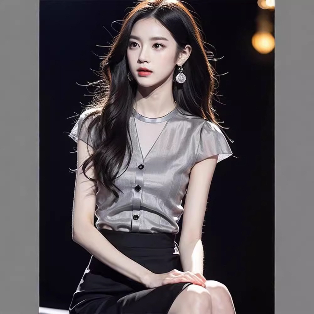 卡苜9039夏季新款时髦小衫女独特漂亮轻奢法式高级感绝美短袖上衣