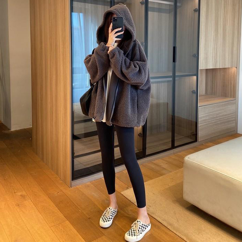 kamu/卡苜70892022秋冬连帽羊羔绒休闲中长款加绒外穿加厚棉卫衣