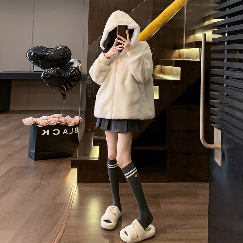 白色秋冬女装韩版中长款羊羔绒加厚时尚外套纯色百搭宽松显瘦卫衣