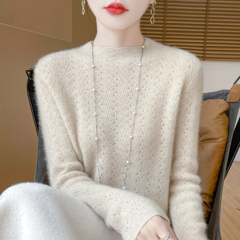 25秋冬100%纯羊毛衫女半高领镂空钩花针织毛衣宽松时尚上衣