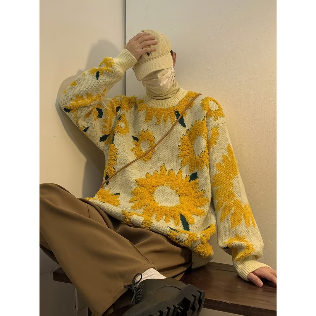 秋冬季日系复古向日葵植绒慵懒风毛衣男女嘻哈潮牌情侣长袖针织衫