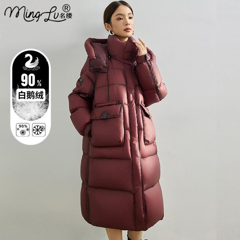 品牌大白鹅绒羽绒服女中长款宽松显瘦红色时尚2025年冬季新款加厚