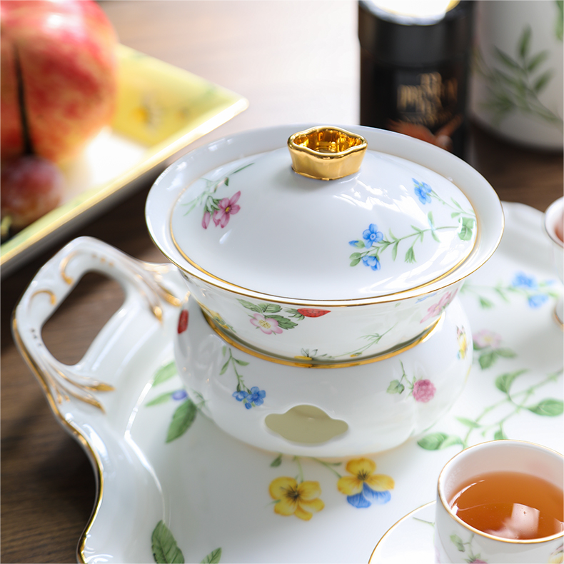 安娜16点莎拉花园骨瓷炖盅燕窝碗带盖隔水汤盅餐具加热保温炉座