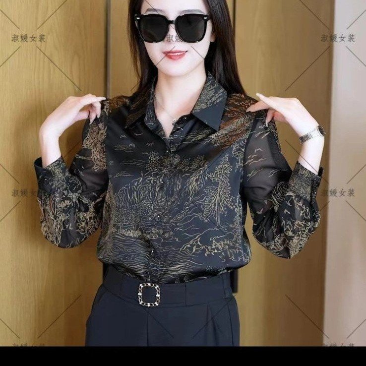 早秋新款高档衬衣女山水画长袖衬衫遮肚显瘦洋气百搭简约上衣小衫