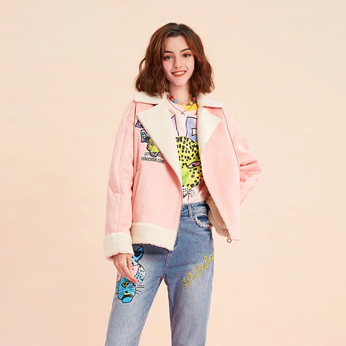 杭州（不退不换）LALABOBO水彩豹翻领时尚外套L20E-WSFU11