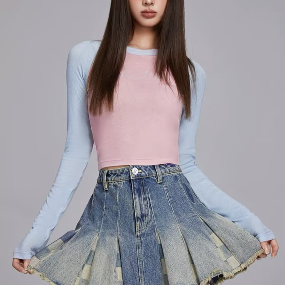 杭州奥莱LALABOBO长袖早秋撞色圆领修身上衣RBDC-TM17