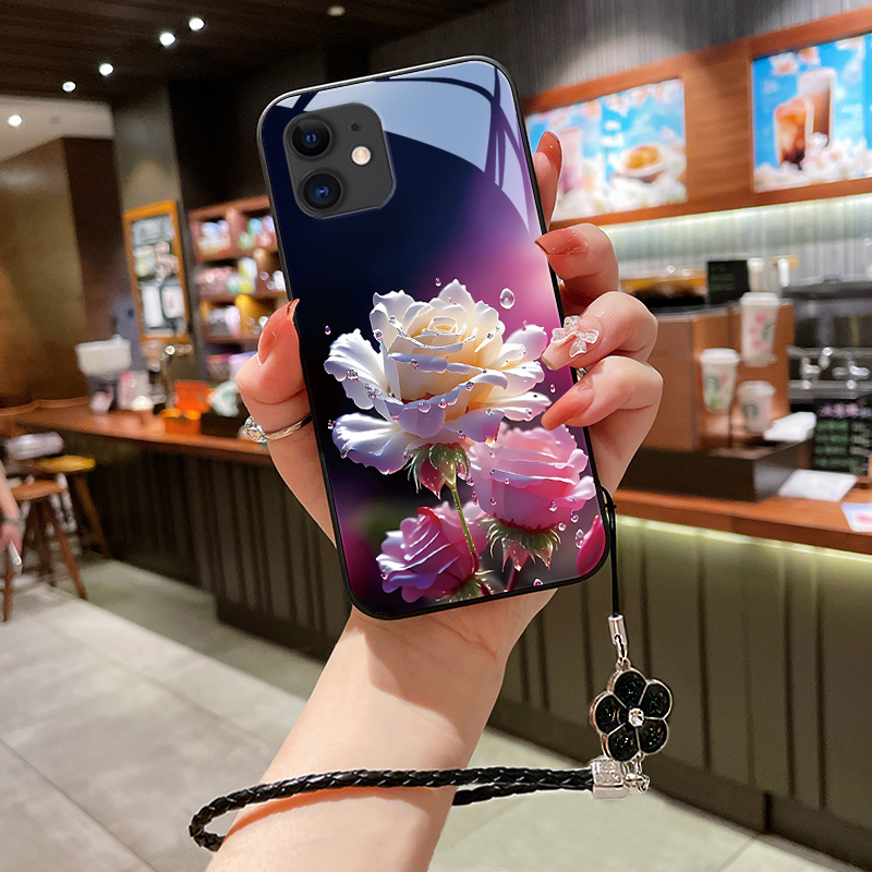 绽放玫瑰苹果12手机壳iPhone12pro玻璃12promax高级女款挂绳防摔