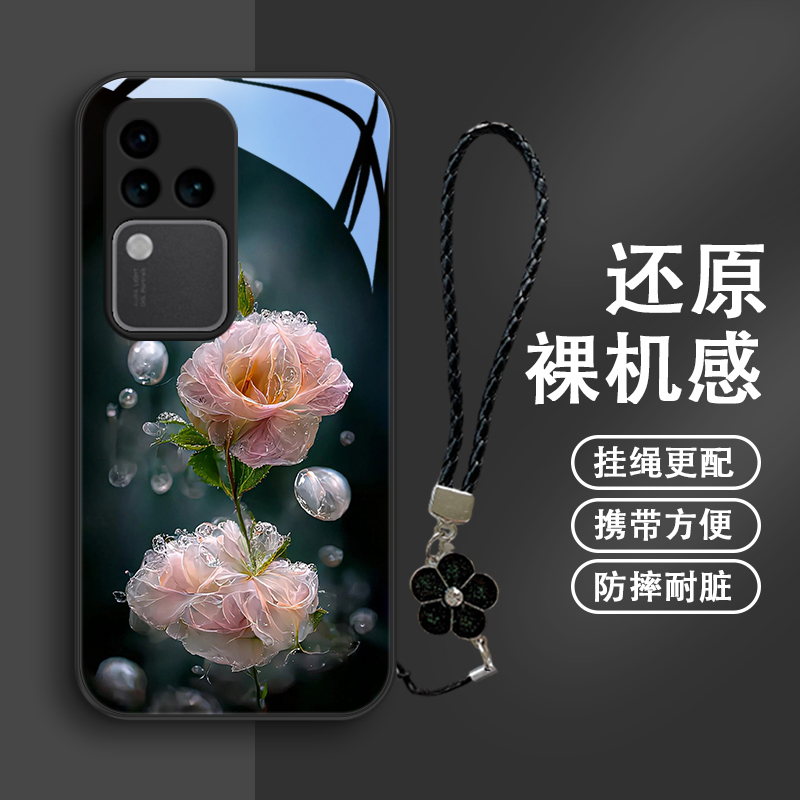 淡粉花朵适用vivos18手机壳S18pro玻璃壳vivos18e保护套创意新款