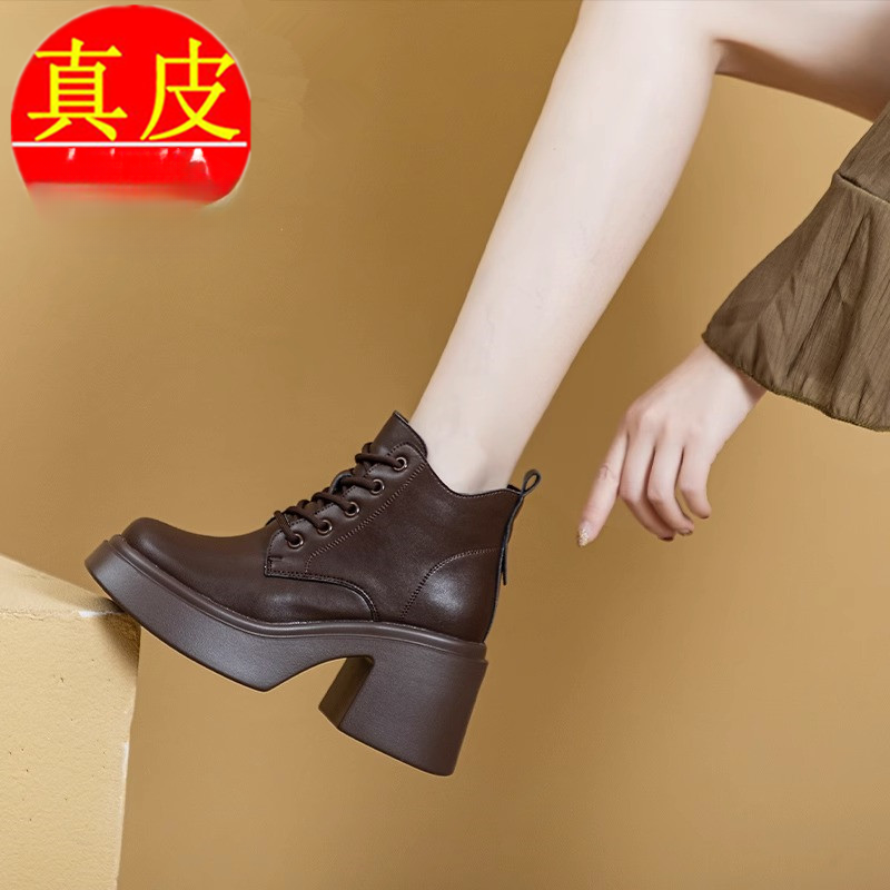 红蜻蜓牌品牌真皮粗高跟靴2023春秋季厚底内增高短靴女英伦风马丁