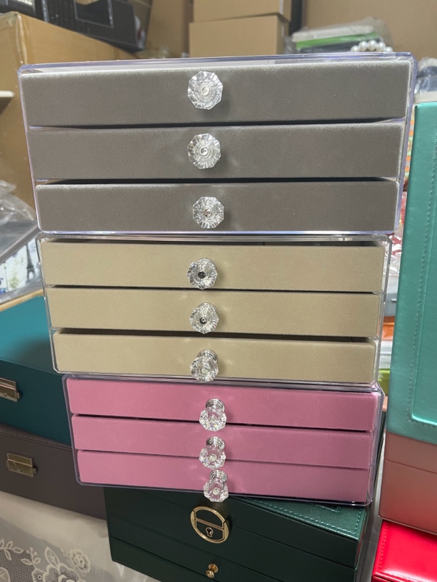 首饰盒/箱 【工厂直发】三层大容量抽屉首饰盒分类收纳耳钉绒布