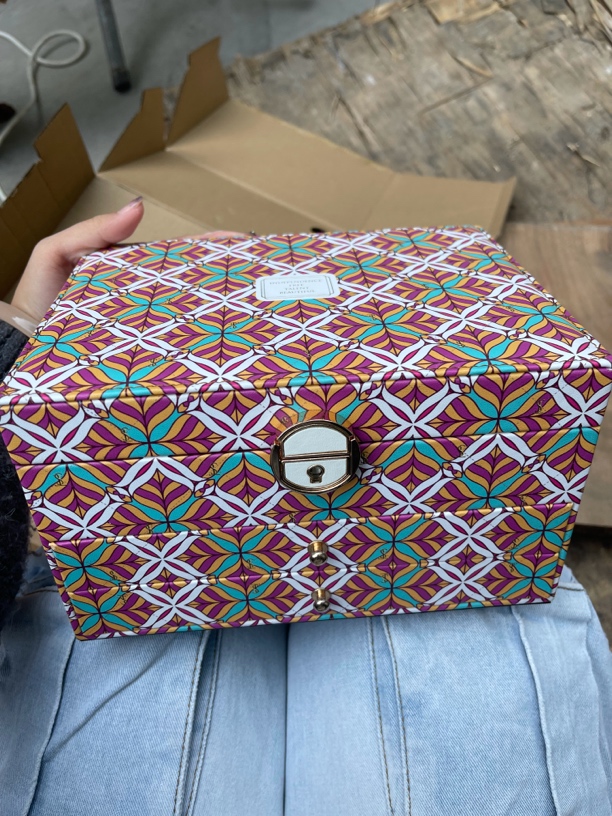 首饰盒/箱 【工厂直销】几何满印皮质三层带锁首饰盒带抽屉大容量