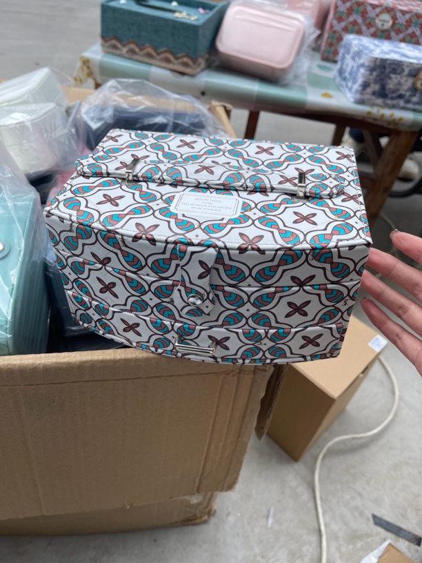 首饰盒/箱 【工厂直销】蓝色复古印花双层带镜子首饰收纳盒皮质