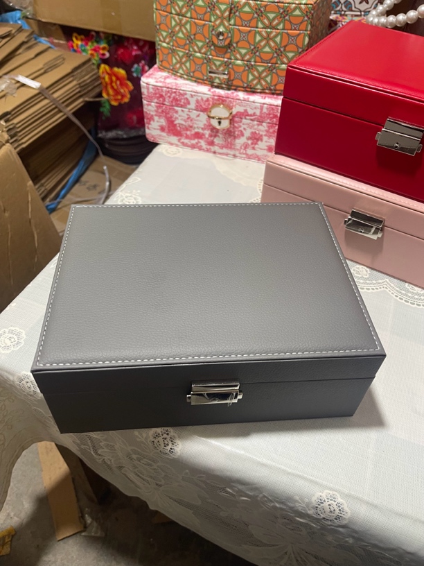 首饰盒/箱 【工厂直发】灰色皮质双层大容量首饰盒带锁戒指项链手镯