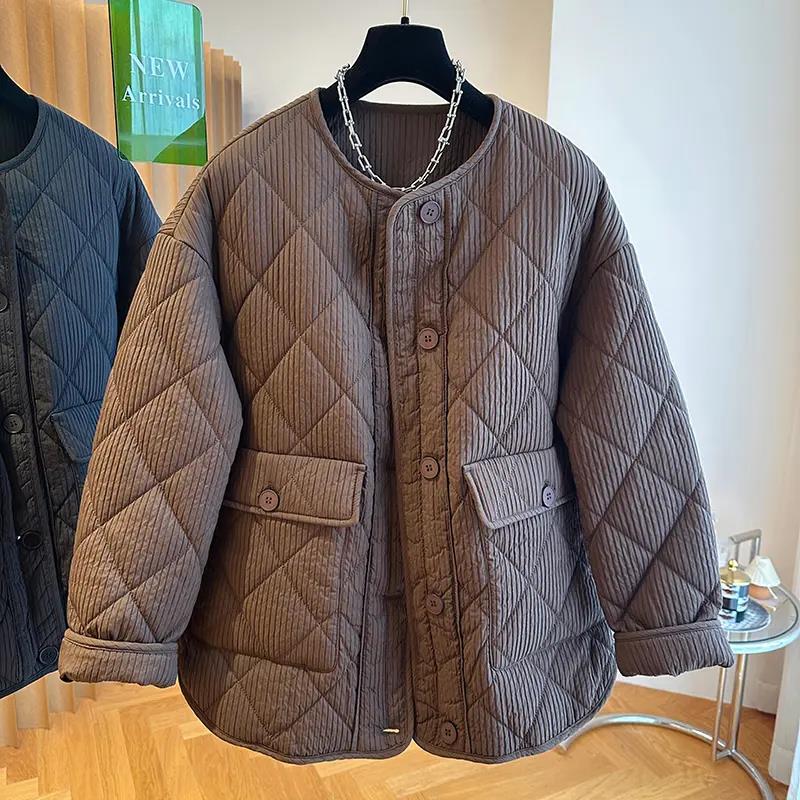 高级感复古绗缝菱形格圆领棉衣棉服女冬宽松休闲今年流行无领外套