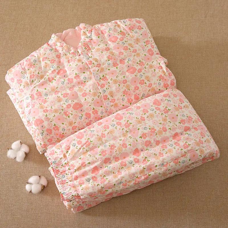 棉花手工棉衣女士妈妈款棉袄棉裤套装成人加厚保暖外穿碎花冬季