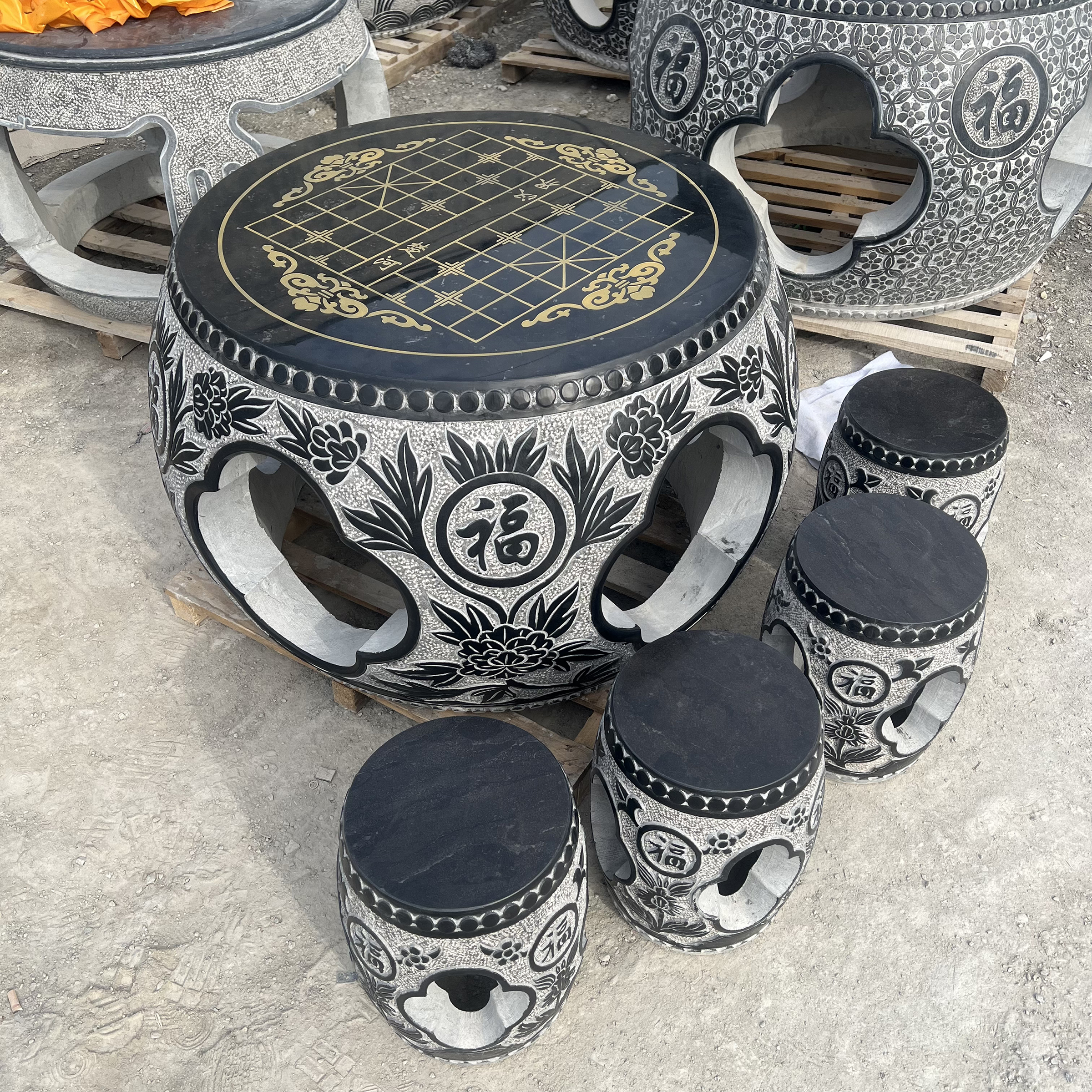 石雕石桌石凳天然青石鼓形复古圆桌别墅庭院花园中式石桌凳摆件