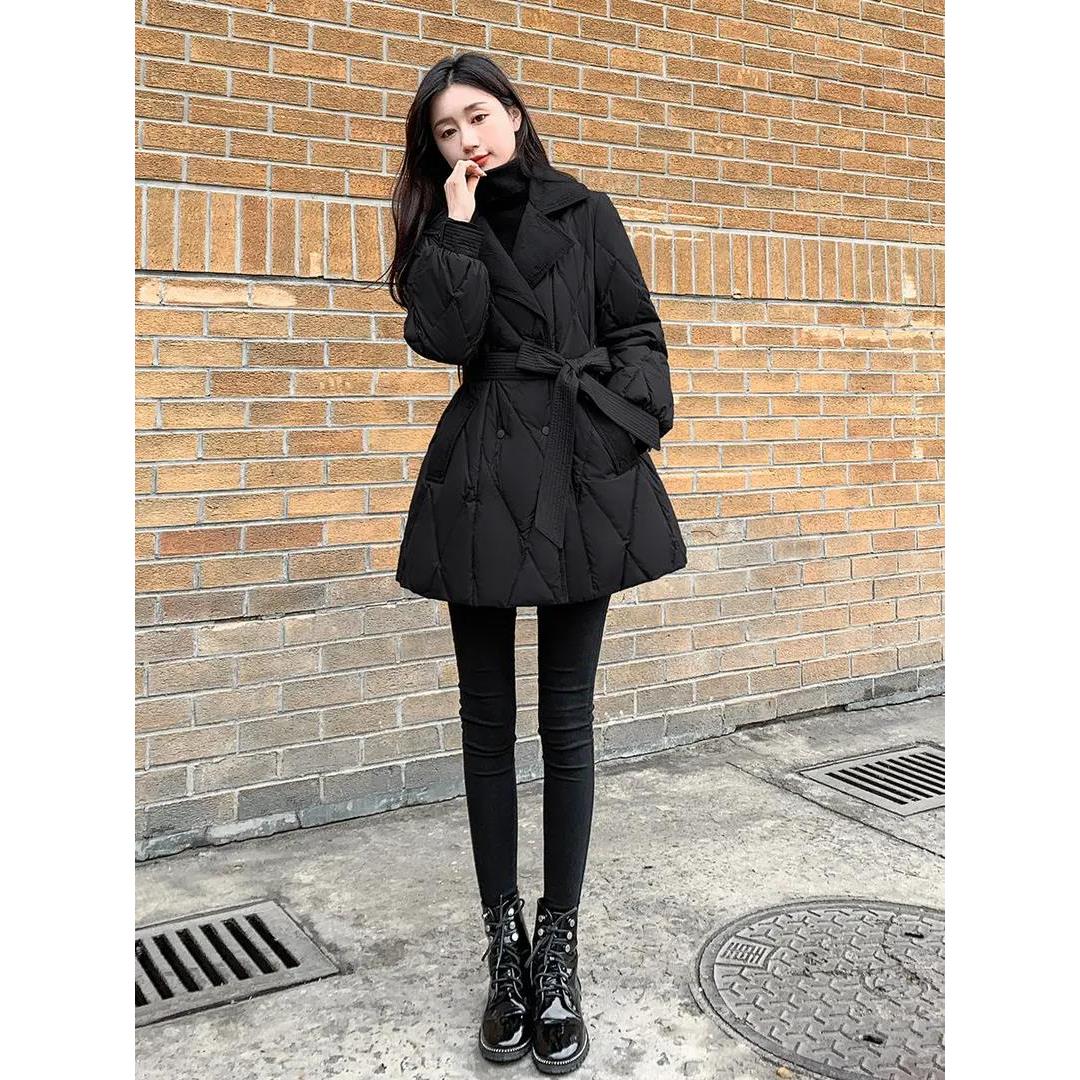 2023新款女装冬修身收腰中长款羽绒羽绒服女黑色显瘦西装领