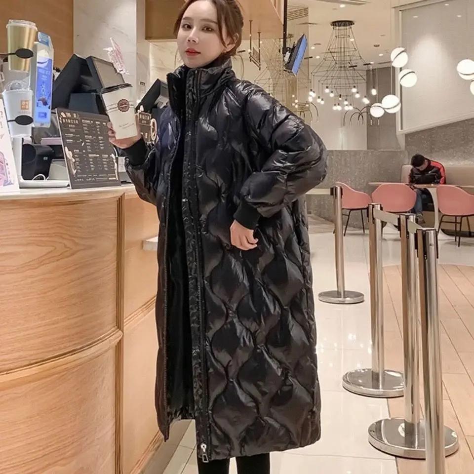 羽绒羽绒服女中长款立领2023冬季新款韩版亮面小个子过膝羽