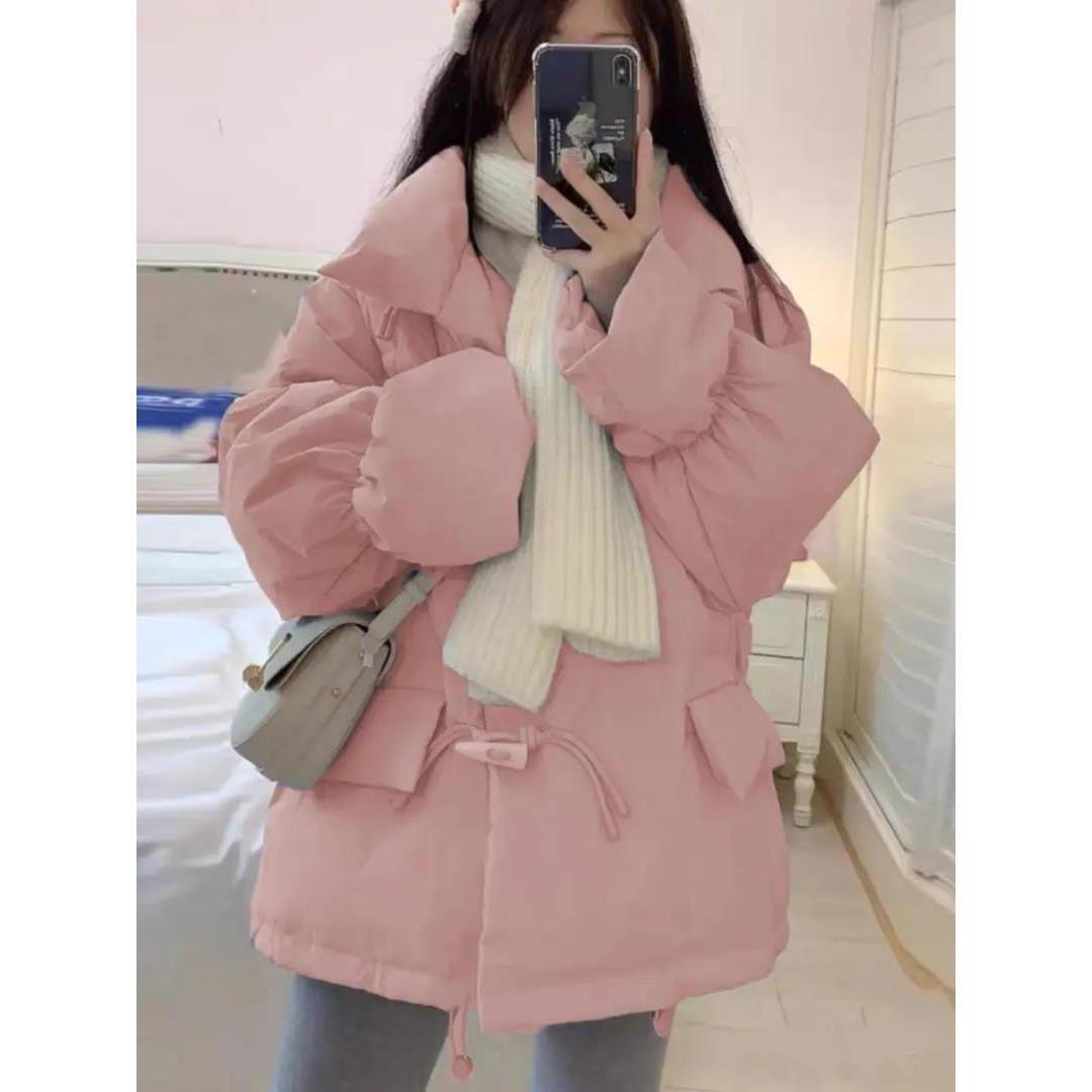 羽绒服2023新款羽服女韩版宽松牛角扣面包服秋冬季厚外套女短小