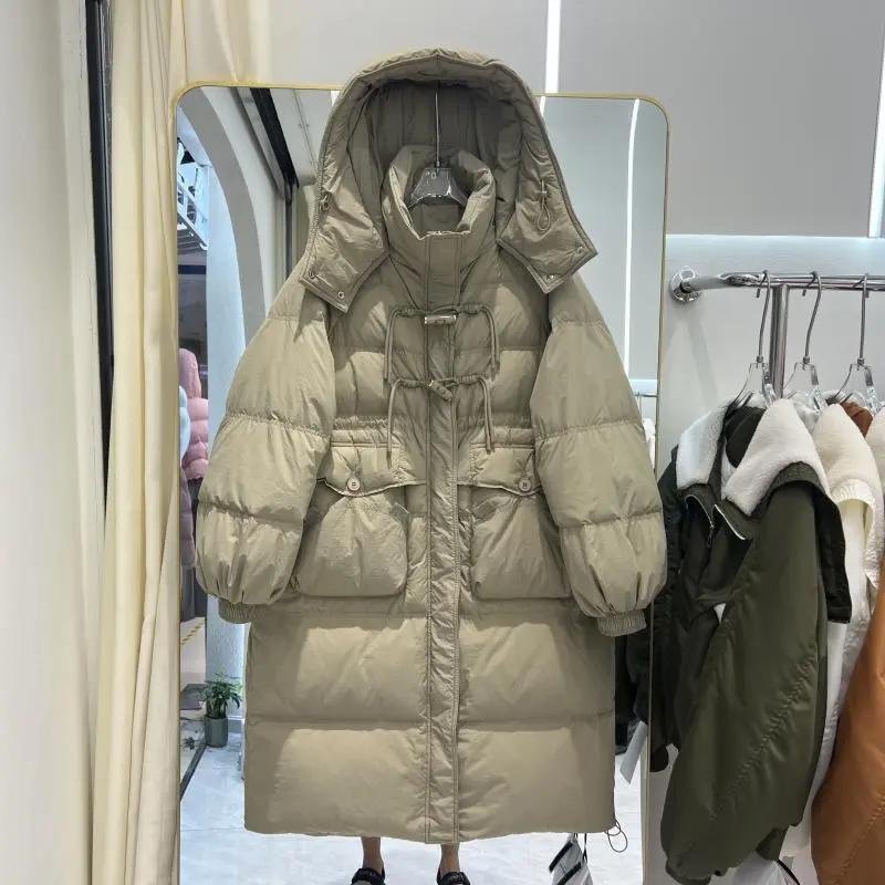 300斤加大码冬季保暖羽绒服女中长款过膝连帽加厚胖mm白鸭绒外套