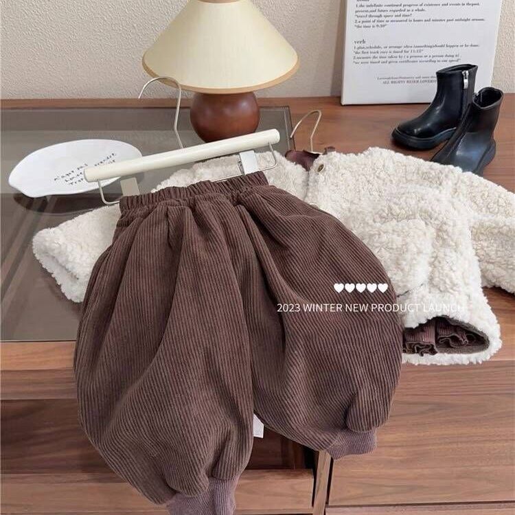 美拉德秋冬男女童灯芯绒宽松百搭洋气加绒哈伦裤儿童保暖束脚裤子