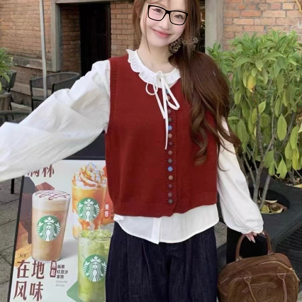 秋冬新款复古小彩扣马甲洋气宽松针织马甲休闲叠穿春秋冬百搭上衣