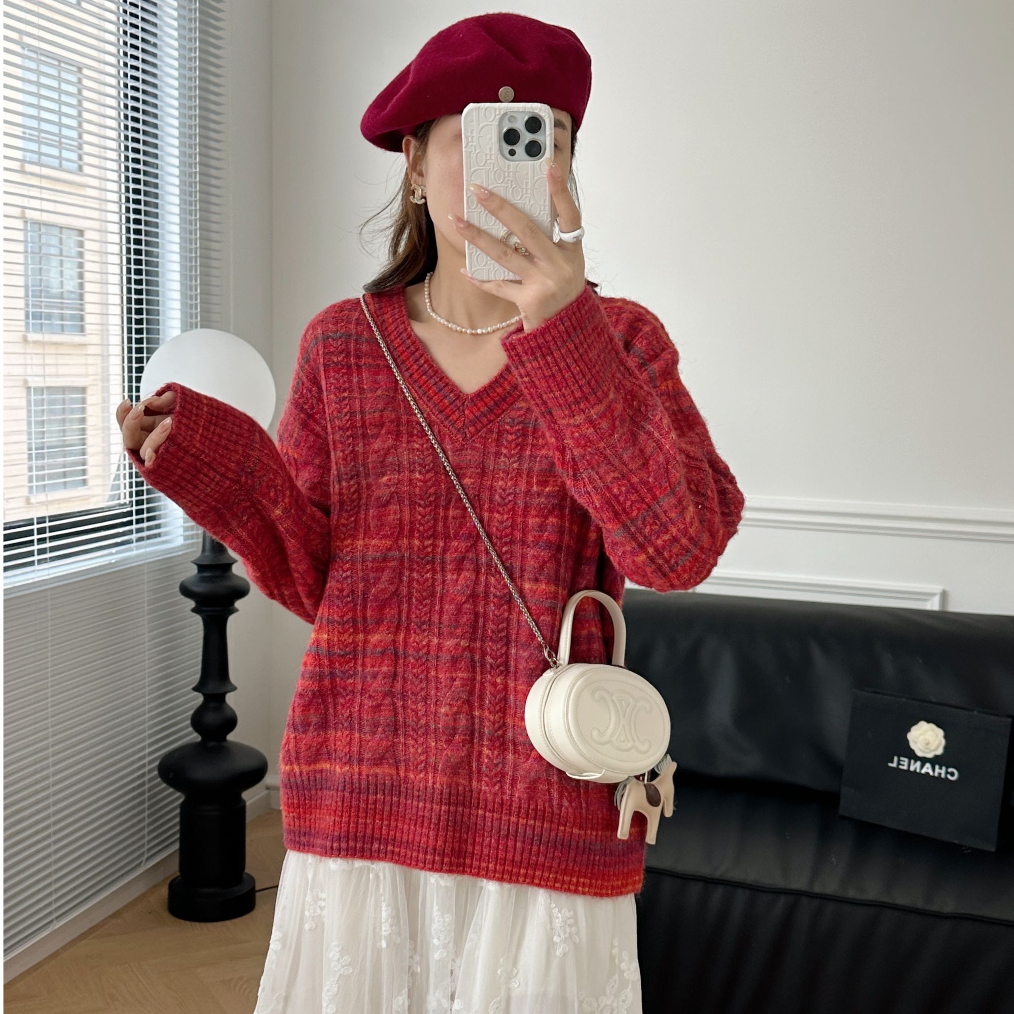 LIGE秋冬新款复古慵懒风时尚V领绳结纹设计针织衫*STZ15-2