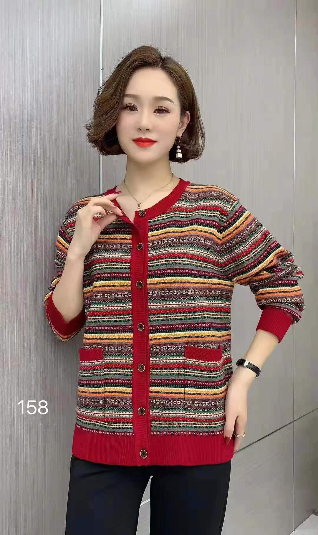 秋冬新款圆领条纹洋气针织开衫时尚网红妈妈宽松显瘦长袖毛衣女装