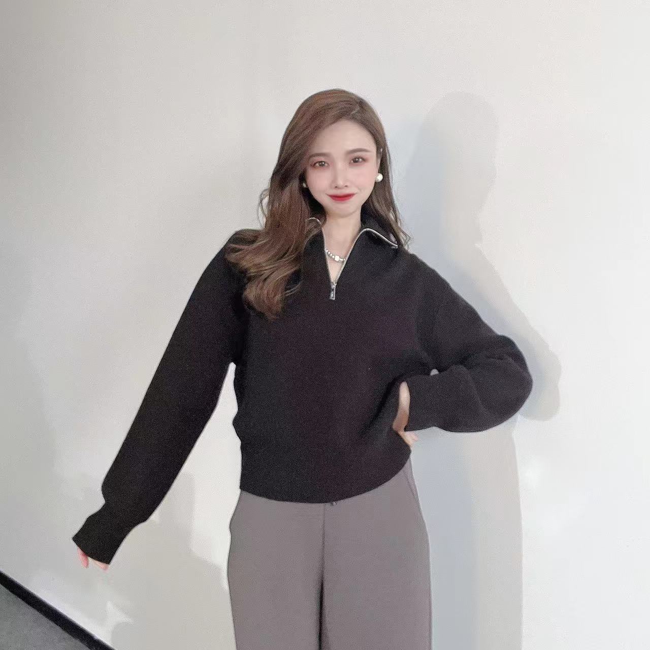 GIRDEAR/哥弟新品时髦复古拉链百搭显瘦棒针毛衣1399749