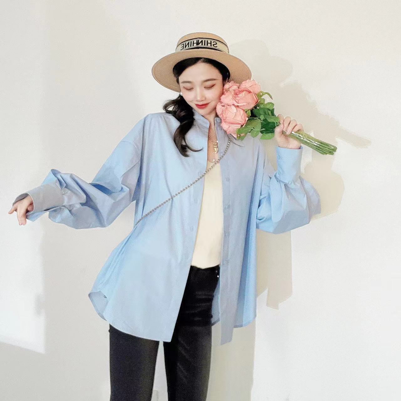 GIRDEAR/哥弟哥弟春夏新品花苞袖新中式百搭显瘦廓形衬衣1300870