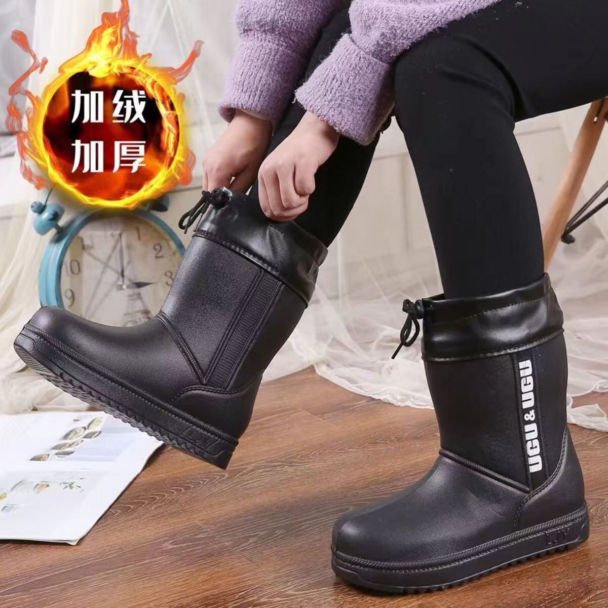 【厂家直销】冬季加绒保暖雪地靴棉鞋加厚耐磨防滑防水防寒雨靴棉靴