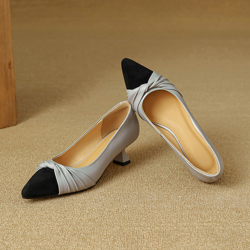 头层羊皮 5CM 秋季新款经典百搭法式优雅气质尖头中跟浅口单鞋女