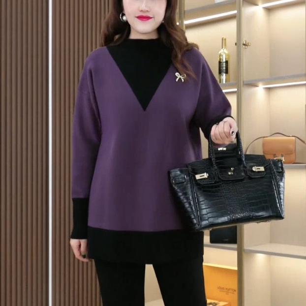 2025秋冬新款大码女装时尚气质百搭显瘦胸针保暖假两件小衫QD361