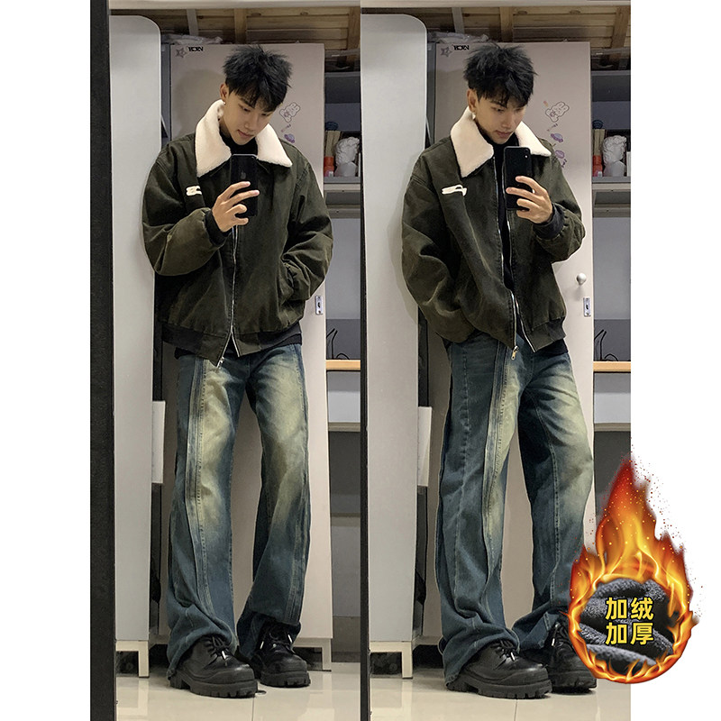 美式复古蓝色工装牛仔裤男款水洗做旧vintage直筒加绒阔腿ro蜡裤