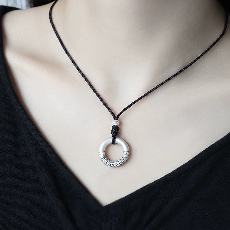 吊坠足银 足银乾坤圈祥云平安扣吊坠项链男士女士情侣银饰锁骨链