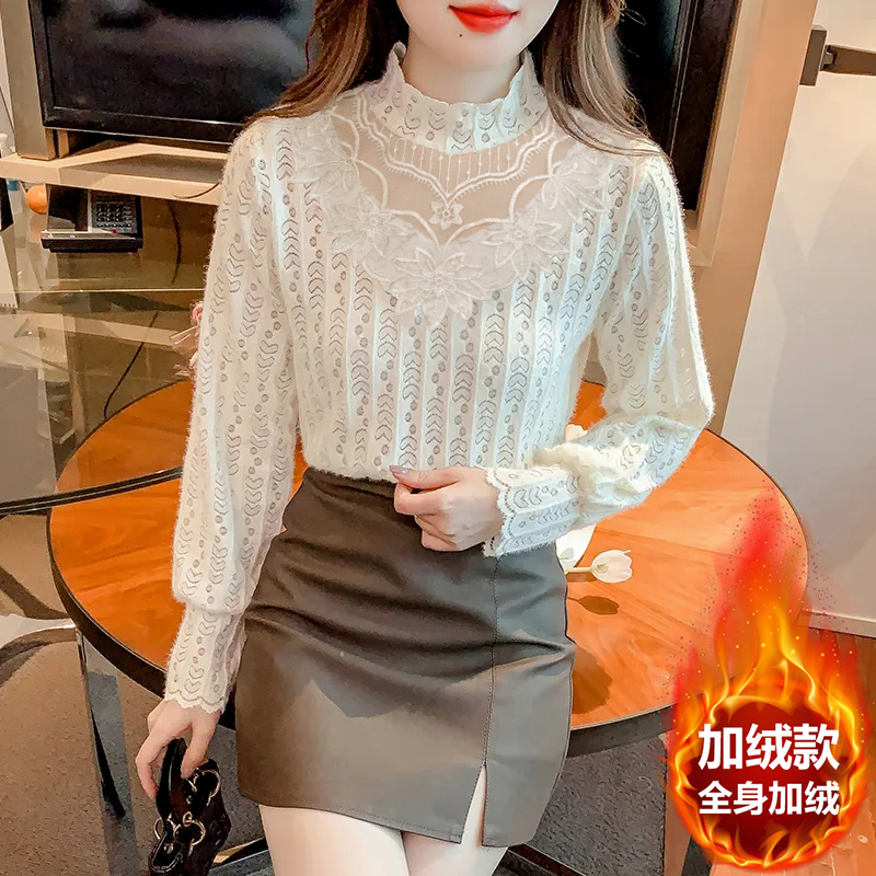 XUDUOMI/许多米2024秋冬加厚加绒上衣网纱蕾丝打底衫女士内搭小衫