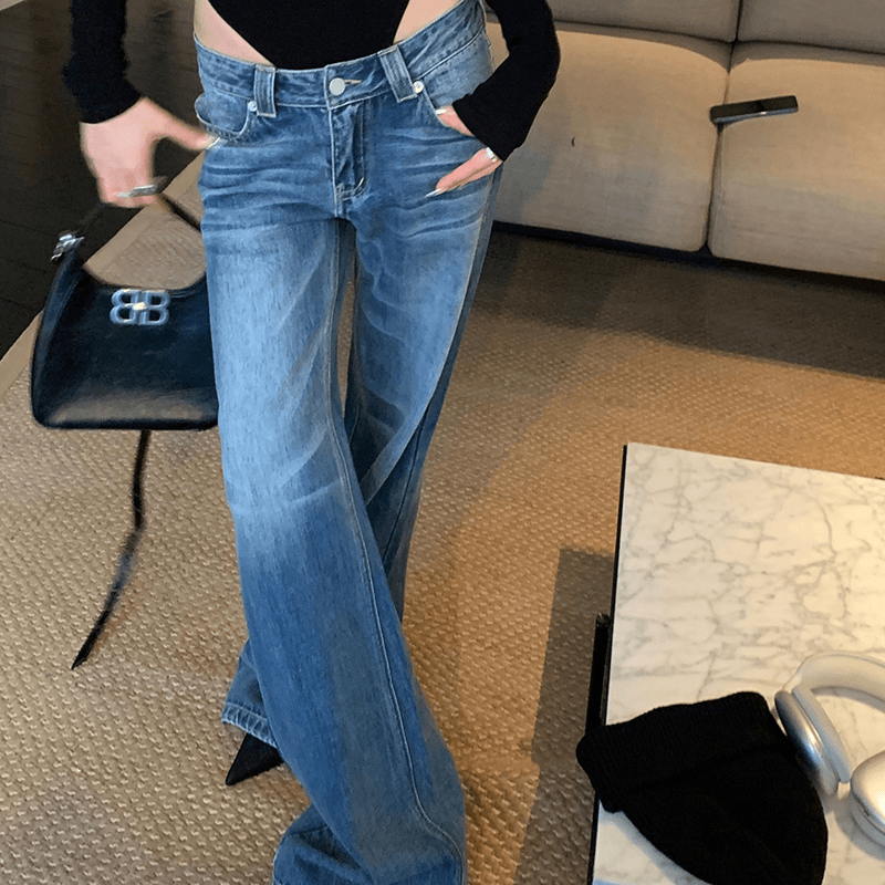 美式复古低腰水洗牛仔裤女2024秋季新款阔腿百搭显瘦微喇休闲裤
