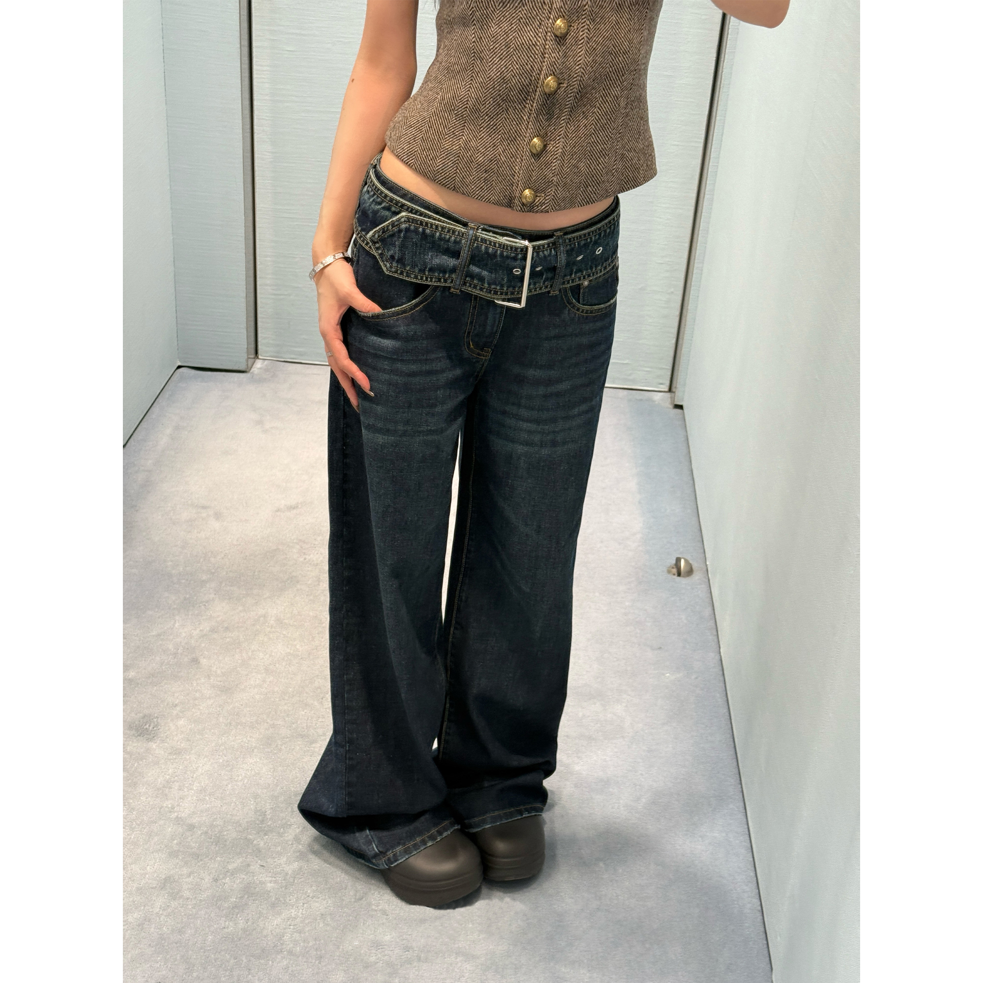 番茄妹妹Tomatosister复古牛仔裤女秋冬直筒水洗低腰休闲加绒长裤